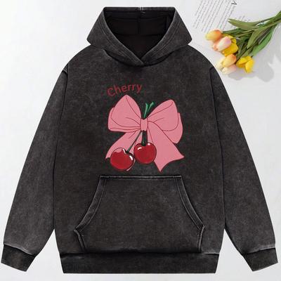 Mašle Třešeň Kreslený Potisk Dámská Praná Mikina Oversized Streetwear Pohodlná Měkká Mikina Bavlněná Mikina