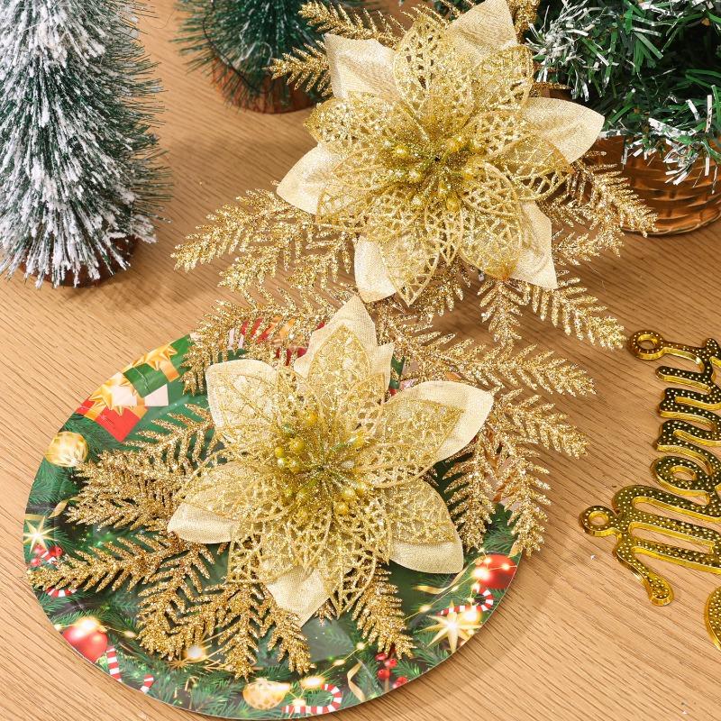 10/1x Christmas Flowers Red Gold Silver DIY Garlands Glitter Artificial Poinsettia Floral Xmas Tree Ornaments Insertion Branch