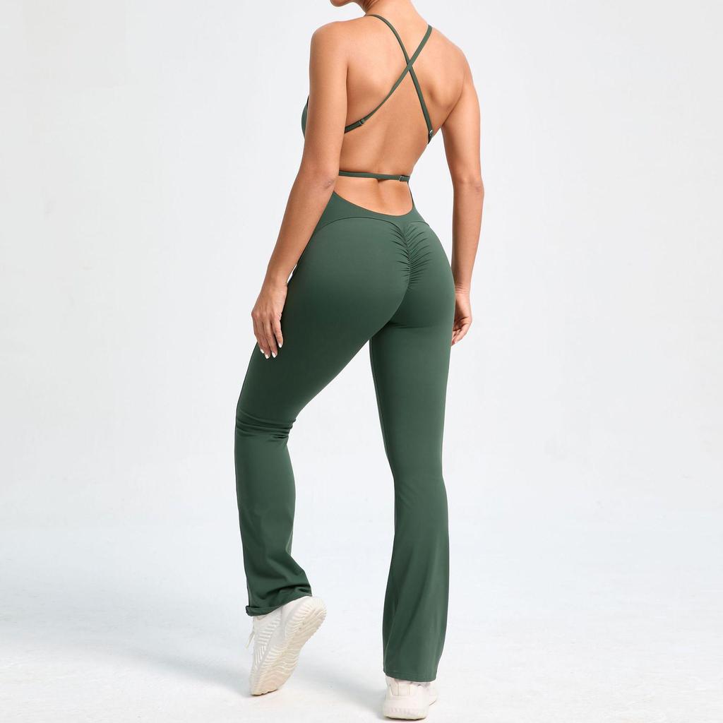 Adjustable Strap Flare Bodysuit Yoga Wear - European & American Sports Fitness Jumpsuit
