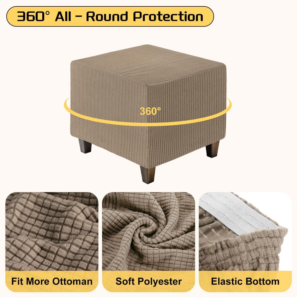 uxcell Square Jacquard Ottoman Slipcover with Elastic Stretch Footrest Stool Cover for Living Room Furniture Protector Medium Bottom, (Light Coffee,