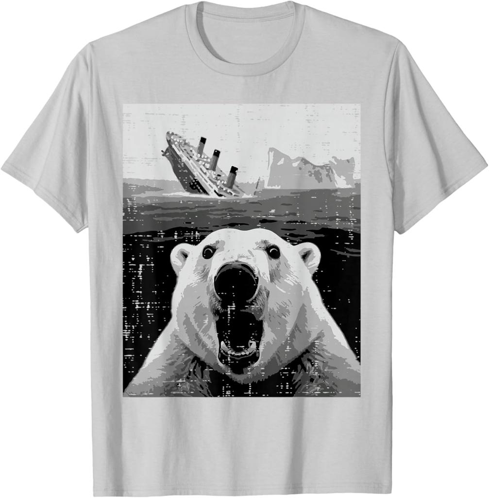 Polar Bear Sinking Titanic Meme Graphic Tee Funny Casual Short Sleeve TShirt for Men Women