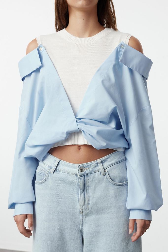 Women's Fashion Stylish Sweater Ecru Crop Woven Garni Knitwear Sweater