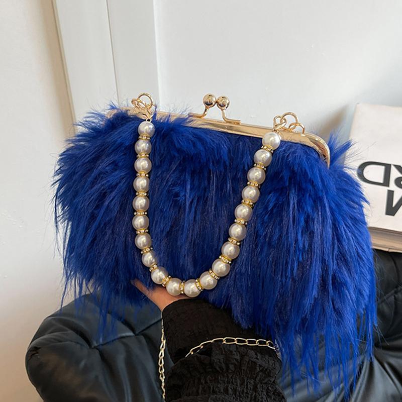 

Yogodlns Luxury Faux Fur Evening Bag Fluffy Solid Color Shoulder Bag Large Capacity Pearl Handle Clutch Crossbody Bag For Women 20x9x15cm королевский синий
