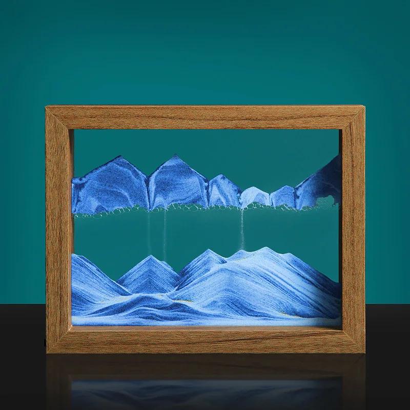 Moving Sand Art 3D Sandscape Quicksand Painting Liquid Hourglass Rotatable Wooden Frame Flowing Sand Home Decor Christmas Gift