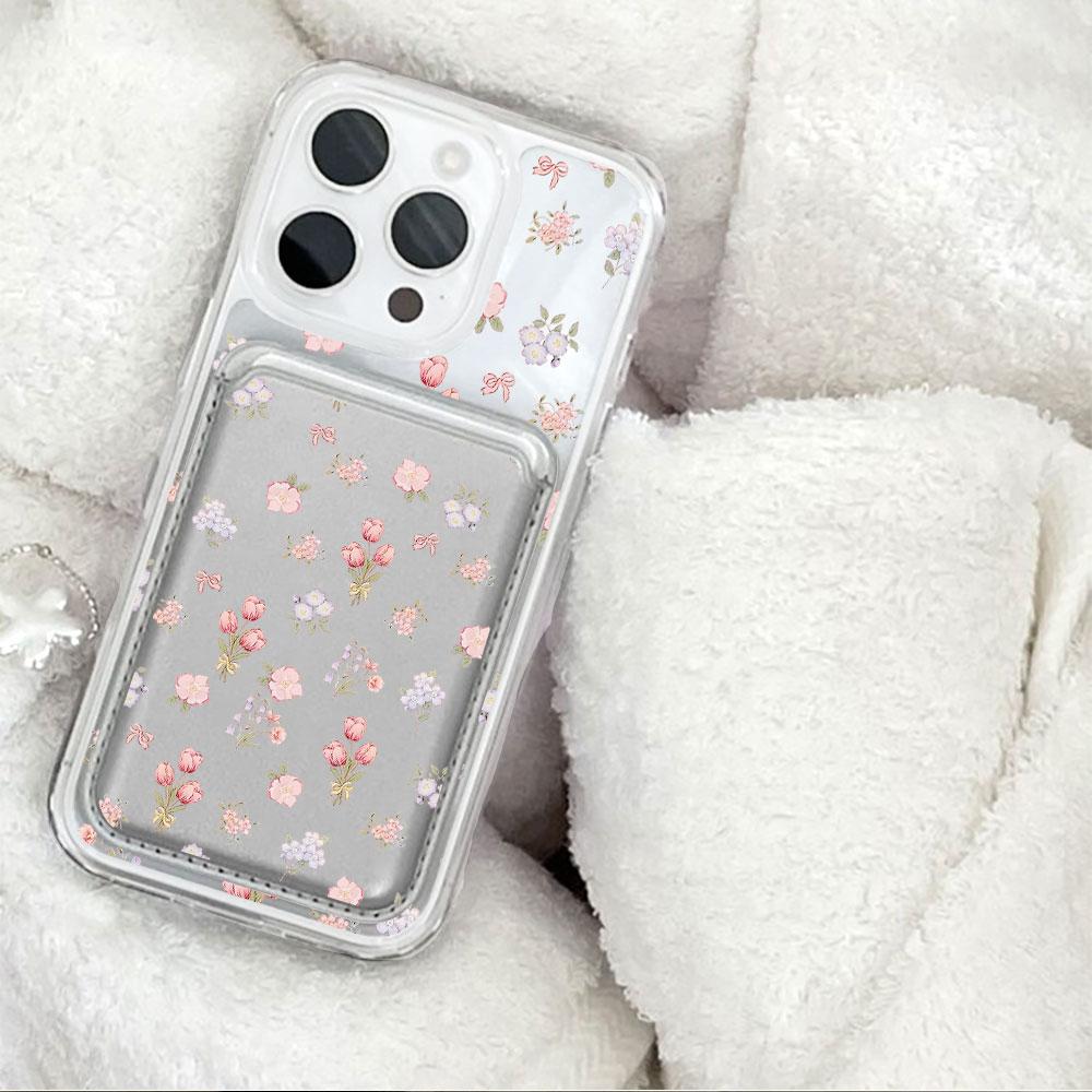 Full screen Pink Floral fragments For Magsafe wallet Magnetic Card holder Phone Case For iPhone 16 13 15 14 17 Pro Max 16E Cover