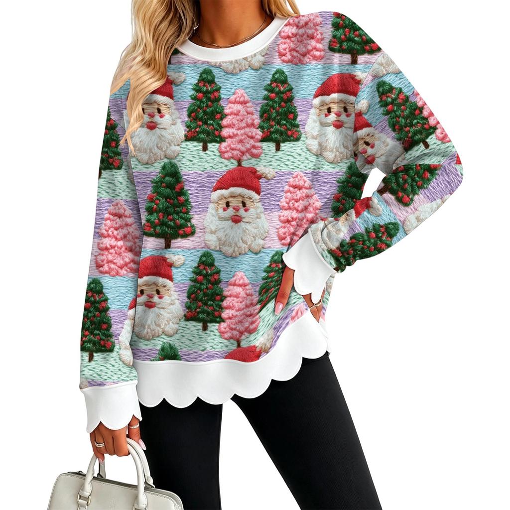 Women's Christmas Print Sweatshirt with Scalloped Wavy Hem and Neck for Holiday