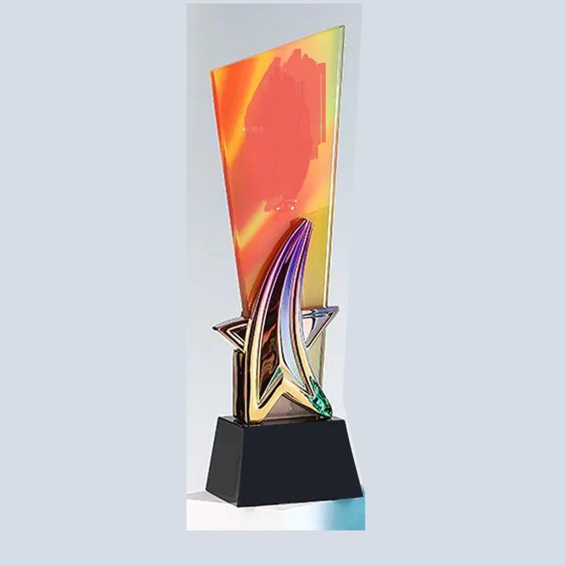 Customized Crystal Trophy with Pentagram Resin, Annual Meeting Souvenirs, Home Decoration, Color Printing Trophy High-grade, 1Pc
