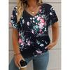 Summer V-neck 3D Retro Flower Printed Top Fashionable Casual Short Sleeved Women's T-shirts