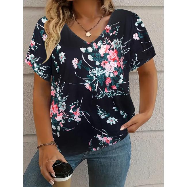 Summer V-neck 3D Retro Flower Printed Top Fashionable Casual Short Sleeved Women's T-shirts