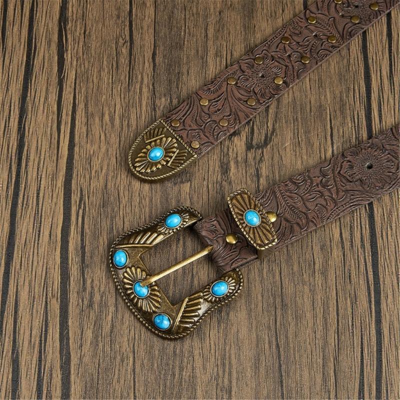 Western Engraved Leather Belt Adjustable Waistband Durable PU Material For Men Women