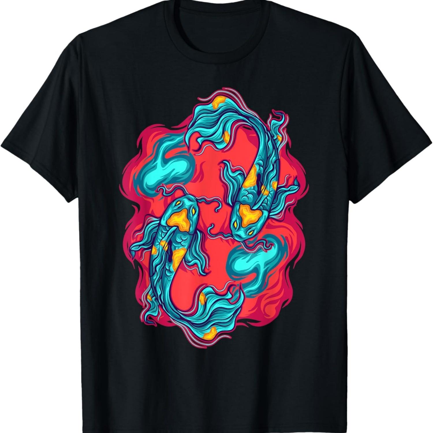 Футболка с изображением карпа кои и цветущей сакуры(7) S чёрный