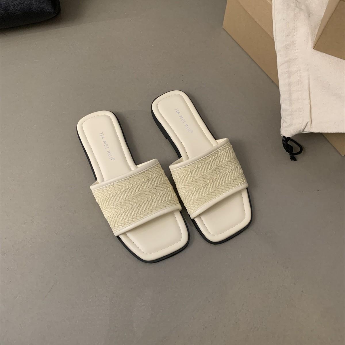 

Fashion Summer Weave Women Beach Slippers Concise Open Toe Slide Ladies Outdoor Comfort Soft Sole Sandalias 40 бежевый