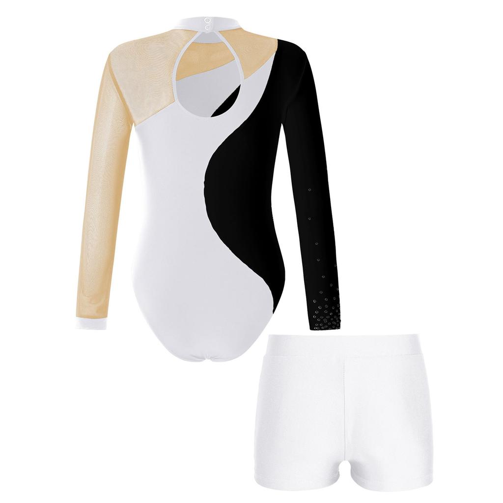 Dziecięce dziewczynki Łyżwiarstwo figurowe Gimnastyka Kostium Dżetów Hollow Back Patchwork Trykot z długim rękawem i spodenkami