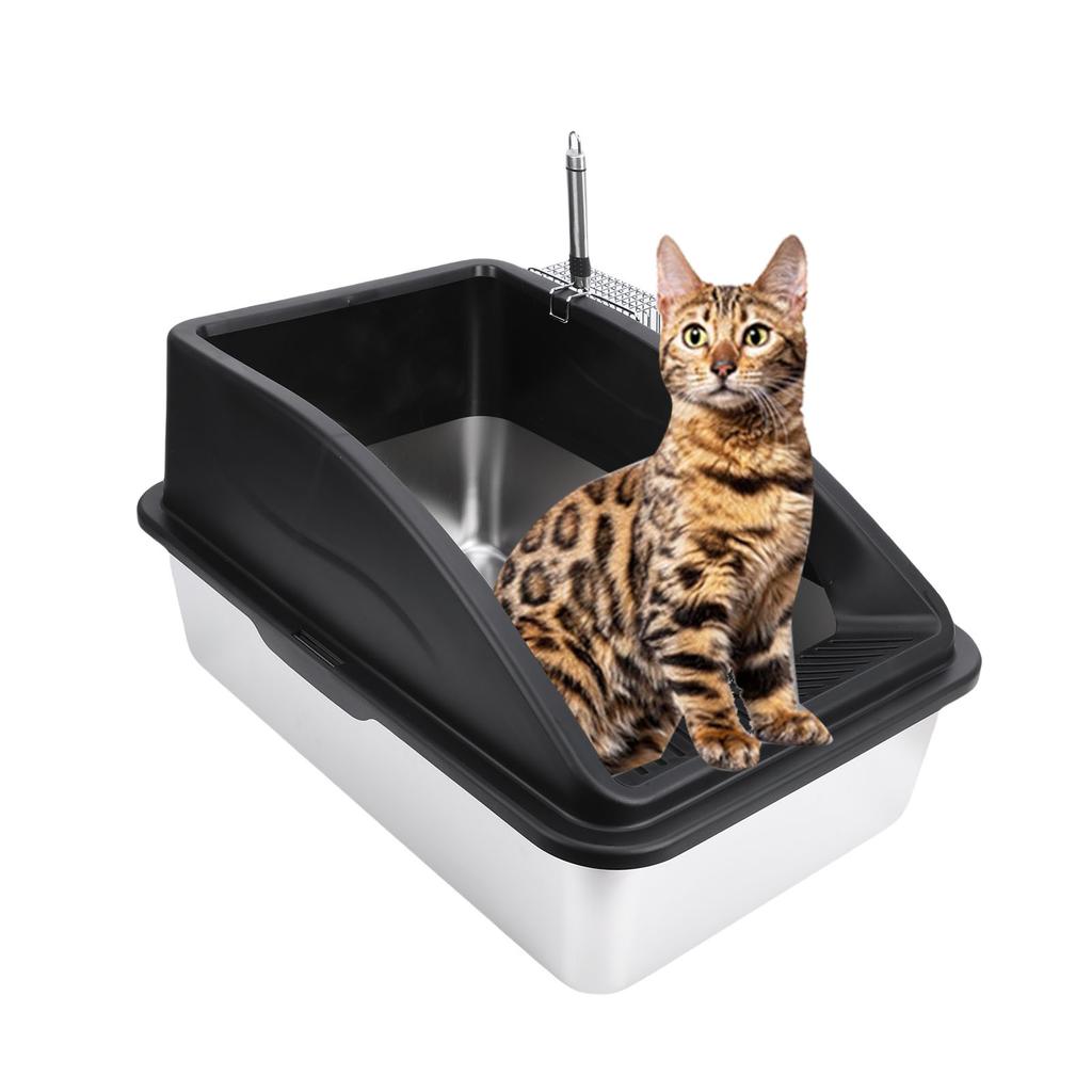 Kedi Kum Kabı Paslanmaz Çelik Çok Fonksiyonlu Geniş Boyut Açık Üst Yükseltilmiş Çit Ev için Kedi Kum Kutusu