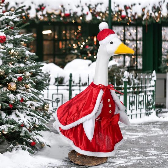 Christmas Mrs. Claus Goose Outfit for 23" High Cement/Plastic Goose Statue Red Velvet Dress Clothes with Cloak for Outdoor Garden Yard Lawn