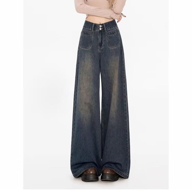 Women's High-Waisted Wide-Leg Double-Breasted Jeans - Retro Versatile Drape Mopping Pants for Spring & Autumn 2025