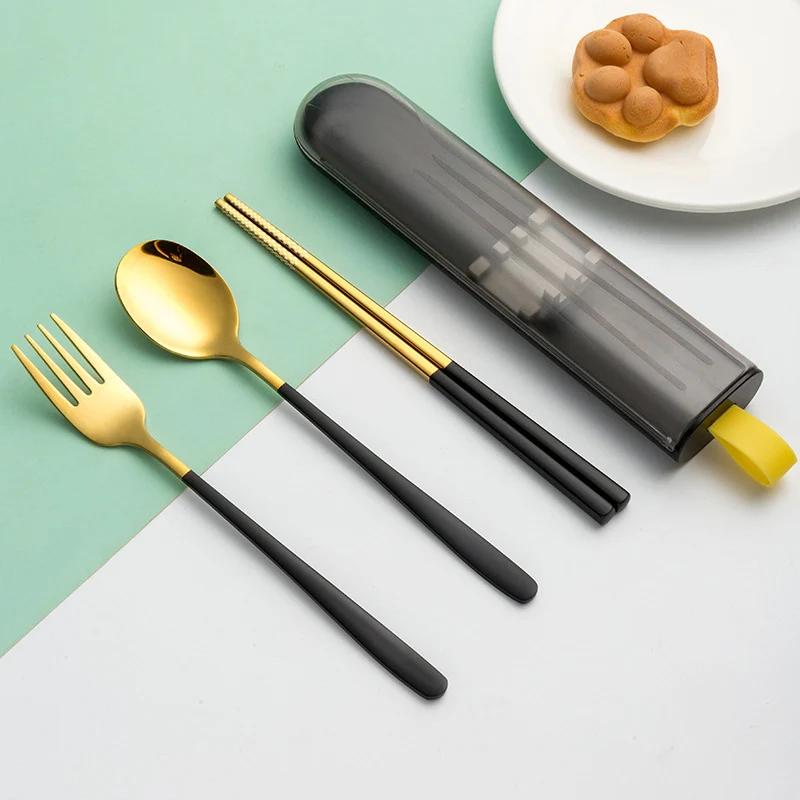 3Pcs Dinnerware Set Spoon Fork Chopsticks Cutlery with Box Portable 304 Stainless Steel Tableware for Travel Camping