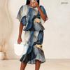 Women Plus Size Blue Gold Printed Round Neck Batwing Sleeve Ruffle Hem Top Fishtail Skirt Two Piece Set
