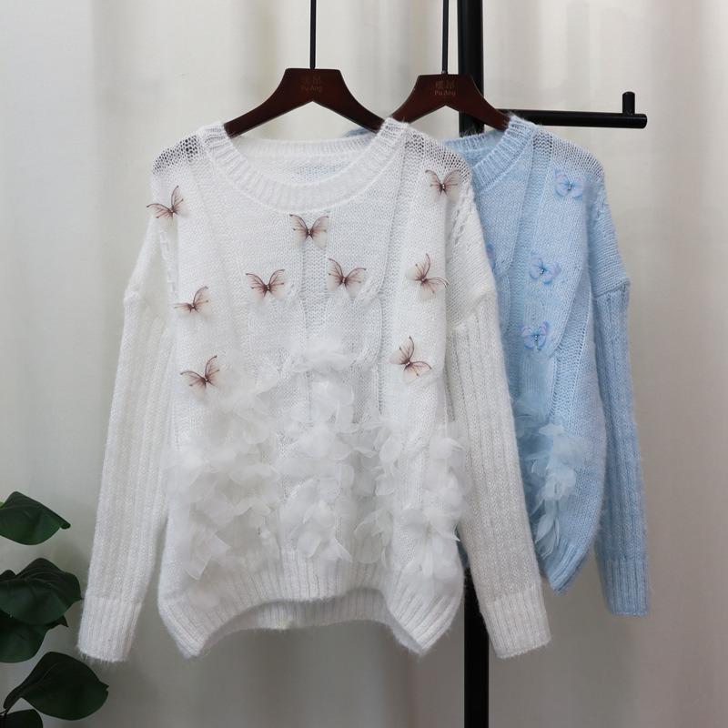 Autumn New Sweet Heavy Industry Butterfly Flower Design Sweater Pullover Soft Waxy Gentle Knitted Sweater Top Women