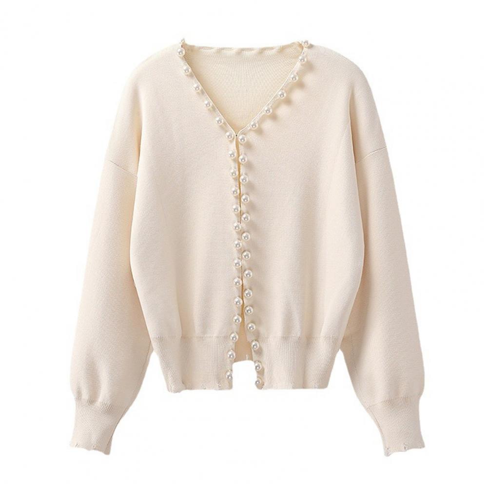 

Вязаный кардиган с открытым передом, круглым воротником, длинными рукавами, свитером, пальто с отделкой из искусственного жемчуга, однотонная теплая верхняя одежда One Size белый