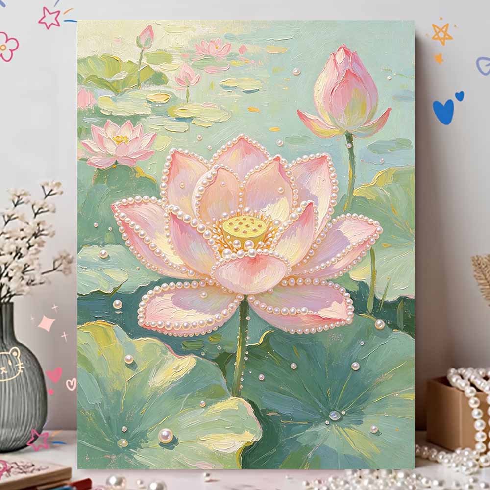DIY Framed Pearl Painting Kit Elegant Pink Lotus Flower Pattern Sparkling Bead Canvas Art for Living Room Wall Decoration