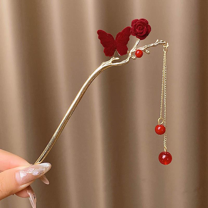 

Шпилька для волосся з червоною квіткою та китицею в китайському стилі для жінок