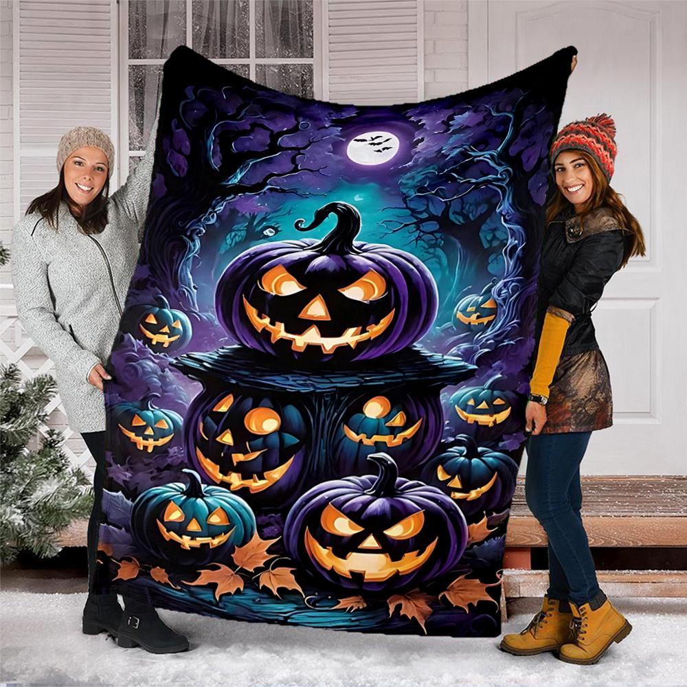 1pc Halloween Pumpkins Throw Blanket Polyester Fiber, Lightweight Flannel, Soft & Warm, All Season Use for Outdoor, Camping Digital Print