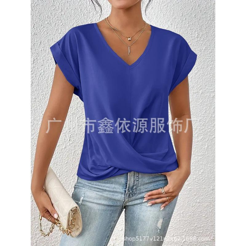 Women Wine Red V Neck Rolled Cap Sleeve Blouse Front Twist Knot Casual Loose T-shirt