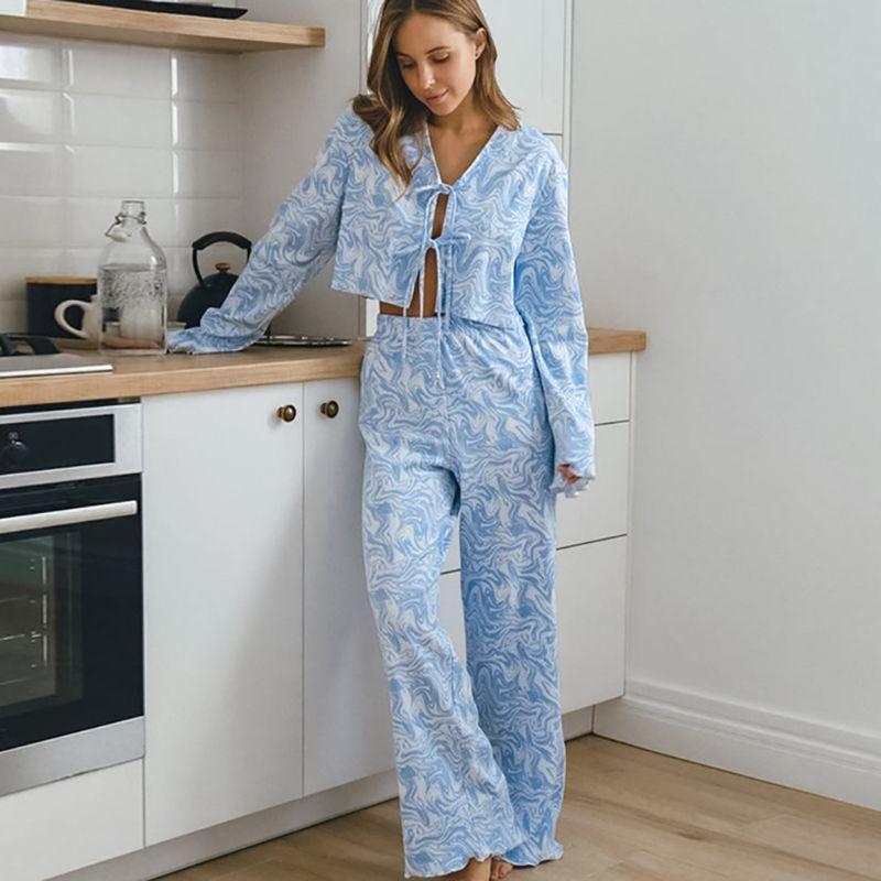 

Blue Print Trousers Set European and American Cardigan Pajamas Comfortable Homewear Women Home Clothes Women Blue L