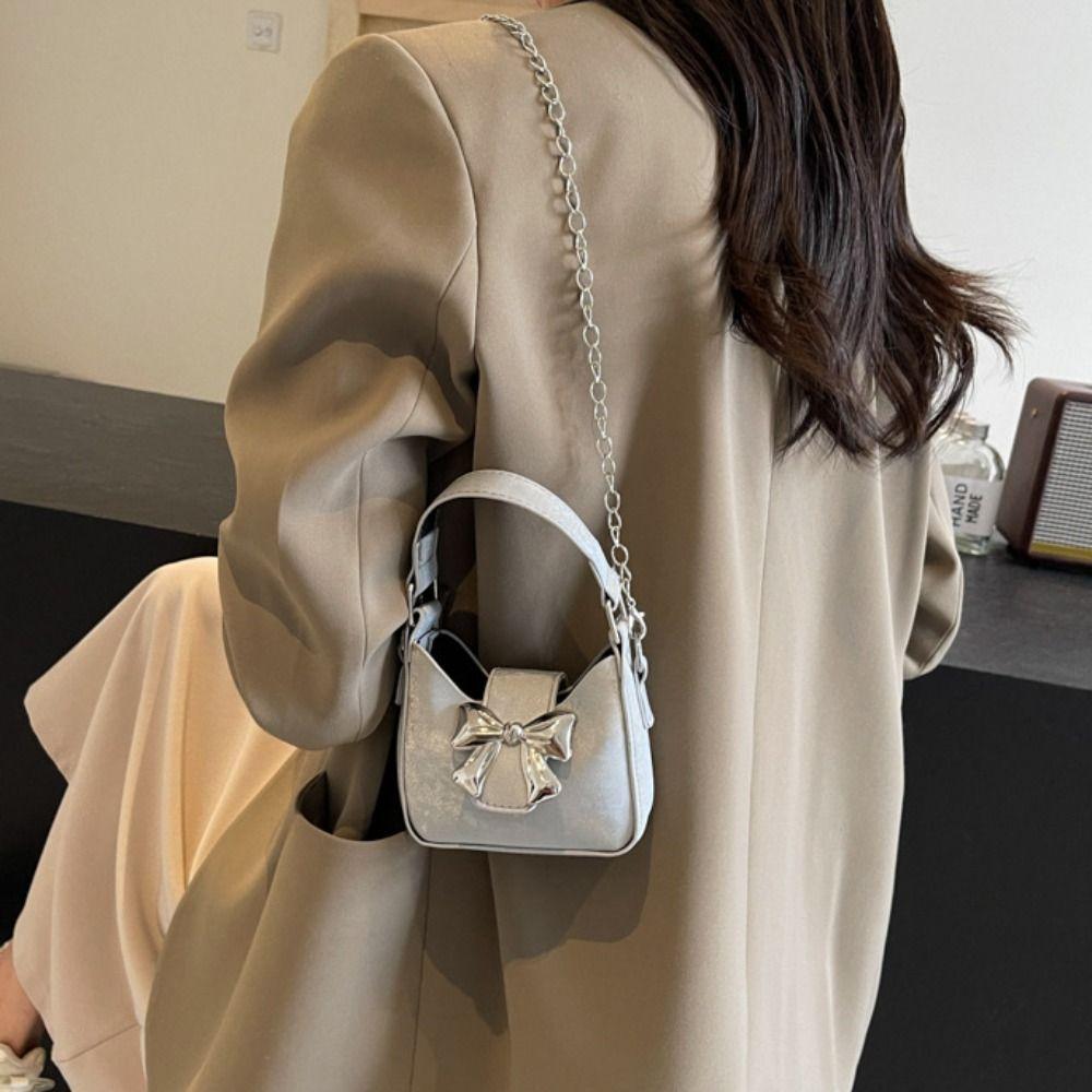 Mini Bow Buckle PU Bag Pu Leather Women's Shoulder Bag Trendy Silver Bucket Bag  Makeup Bag