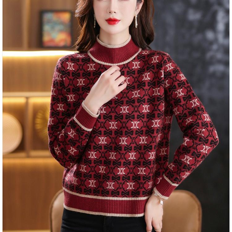 Half Turtleneck Color-blocking Sweater for Women In Autumn and Winter Jacquard Knitted Sweater Floral Casual Long-sleeved Pullover