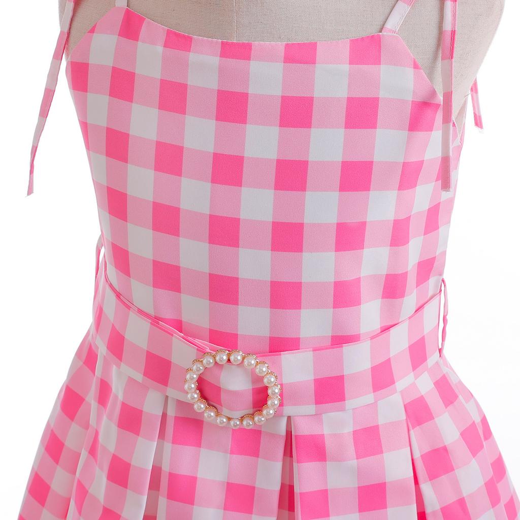 Children Cosplay Movie Clothes Princess Dress Girls Suspender Plaid Waist Fashion Pink Long Dresses with Bow Hair Accessories
