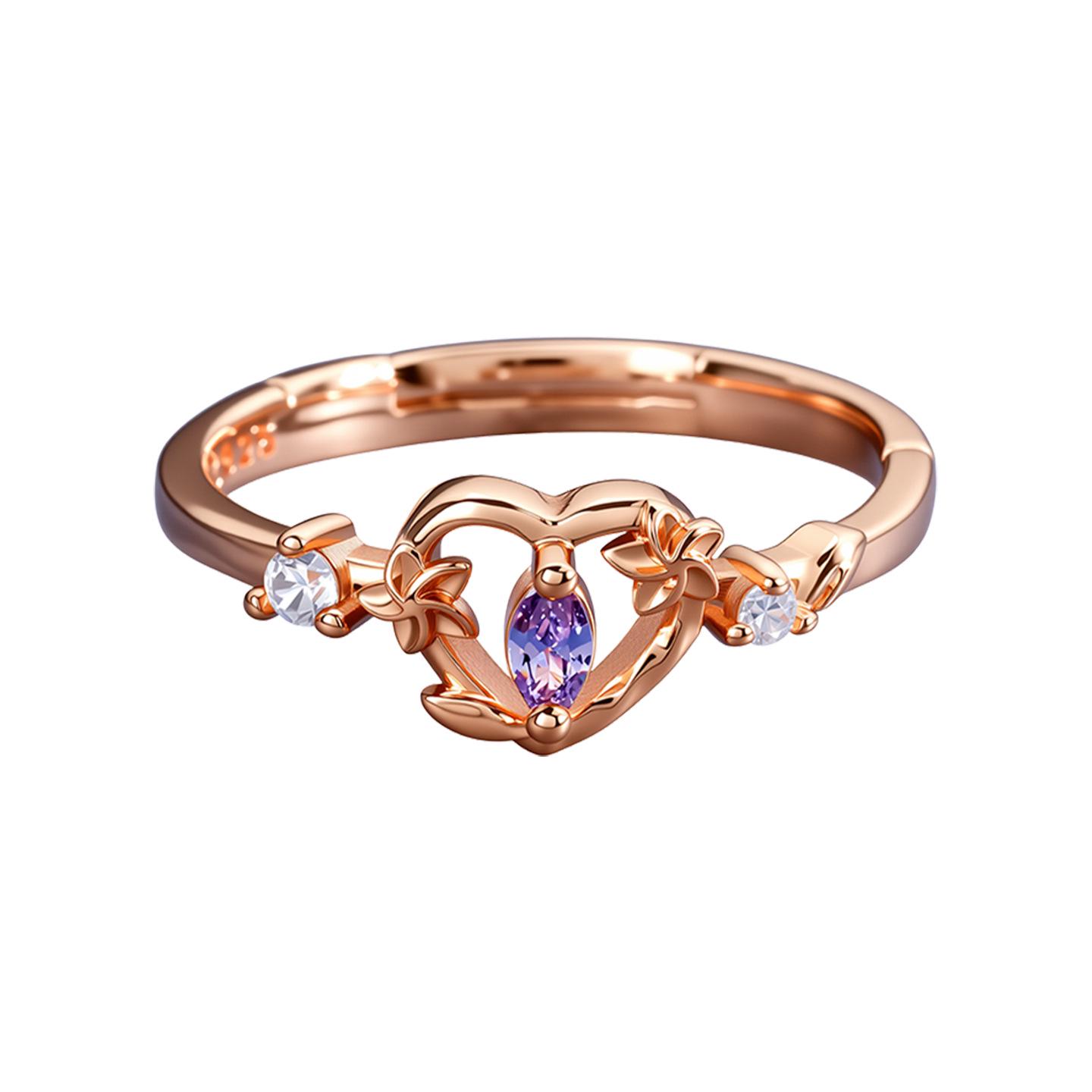 Romantic Heart Whispers Amethyst Ring: Eco-Friendly Copper with Rose Gold, Heart Shape, Diamond-Paved, Open Design. Adjustable Open Ring
