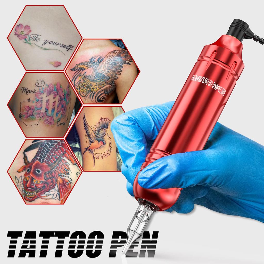 Wormhole Tattoo Kit Tatoveringspistolsett Tatoveringsmaskinsett Nybegynner tatoveringspistol 20 farger blekk strømforsyning tatoveringspennsett Rød