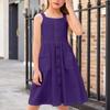 Girls' Fashion Buckle-Front Sleeveless Pocket Casual Solid-Color Dress
