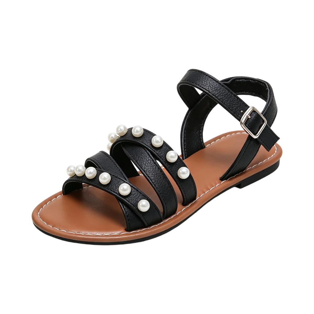 Women's Flat Sandals with Pearl Embellishments Cross Strap Open Toe Adjustable Buckle Closure Lightweight Casual Footwear for Summer