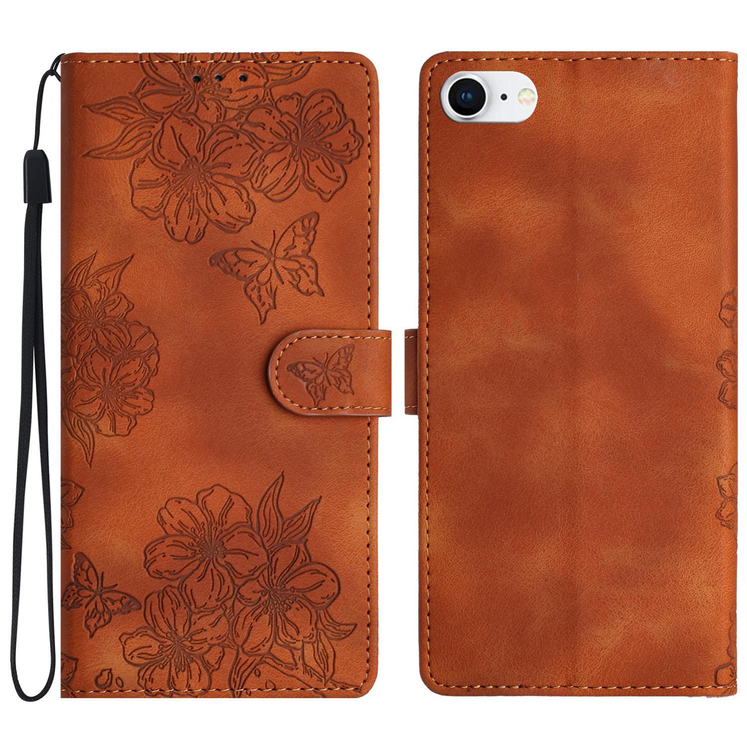 

For iPhone 6/6s/7/8 4.7 Inch/SE (2020)/SE (2022) Case Sakura Butterfly Imprint Leather Wallet Stand Phone Cover Brown