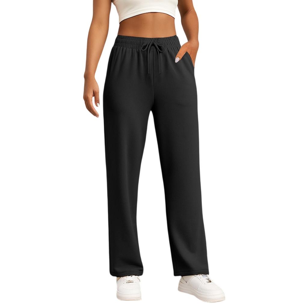 Pantalon droit tendance de couleur pour femme avec taille haute à cordon de serrage, poches et ceinture élastique, pantalon décontracté