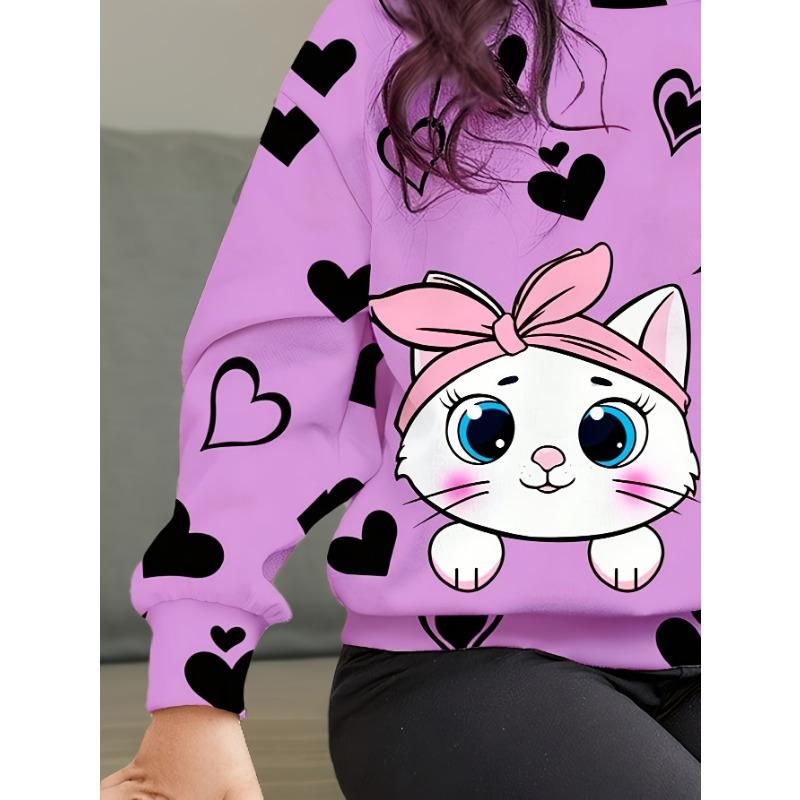 Girls' Summer New Arrival Fashion Heart Print Round Neck Long Sleeve T-Shirt + Casual Patchwork Pants Set with Cute Cat Pattern Two-Piece Outfit