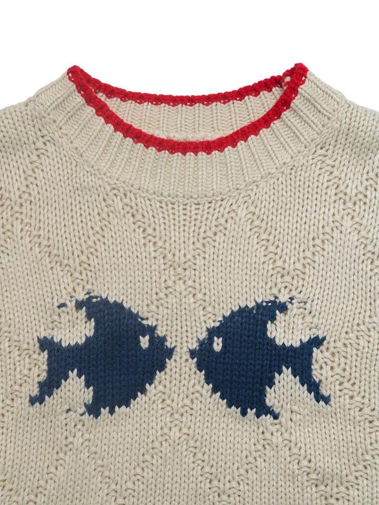 Women's Autumn/Winter Knit Jacquard Sweater - Round Neck, Color-Block Trim, Fish Design