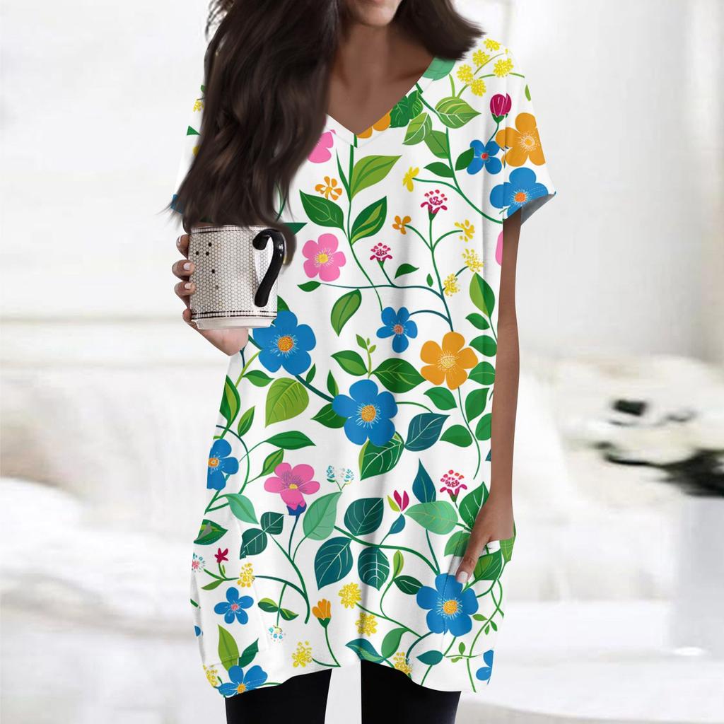 Damen Retro Blumen- und Blätterdruck V-Ausschnitt Midi Tasche Kurzarm Top