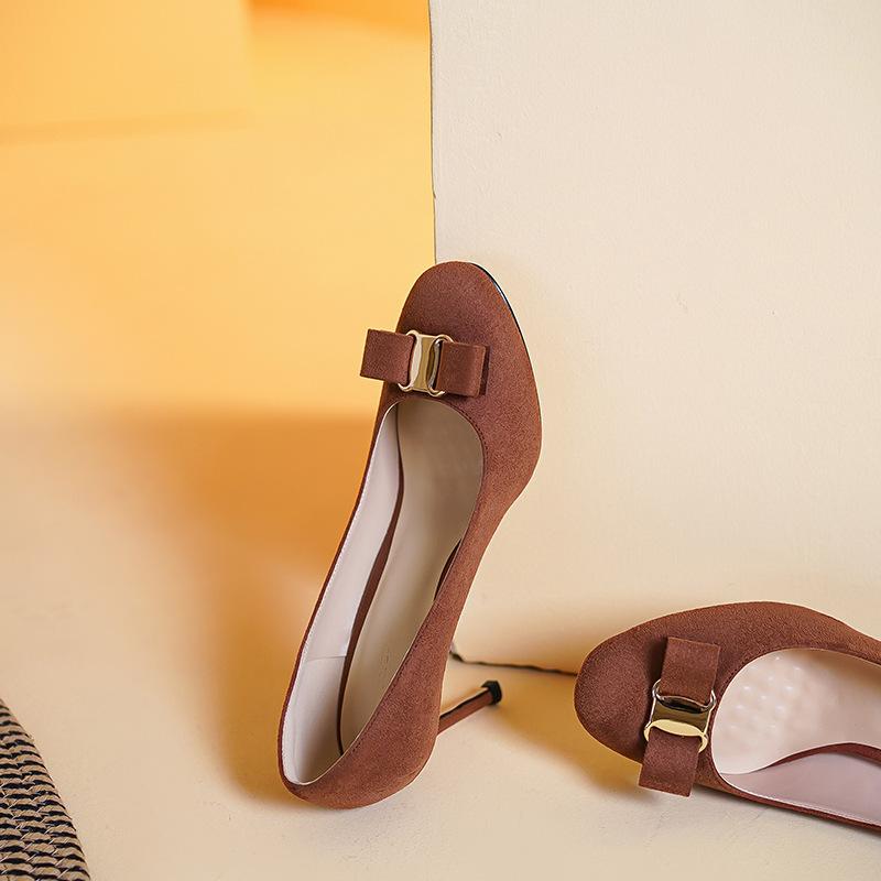 

Suede not tired feet French round head bow stiletto high heels 2025 new commuter shallow mouth work single shoes women 40