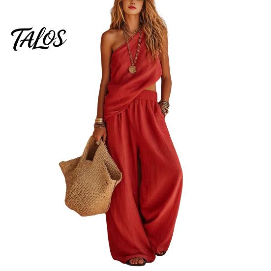 Talos Baumwoll-Leinen 2-teilige Sets für Damen, Ein-Schulter-Ärmelloses Oberteil mit Weitbeiniger Hose Passendes Set, Sommerurlaub Lounge Outfits