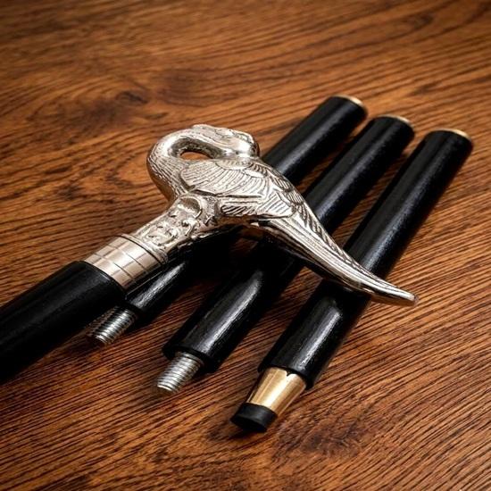 Antique Style Swan Handle Walking Stick: Aluminium, Wood, Victorian Gentleman Cane