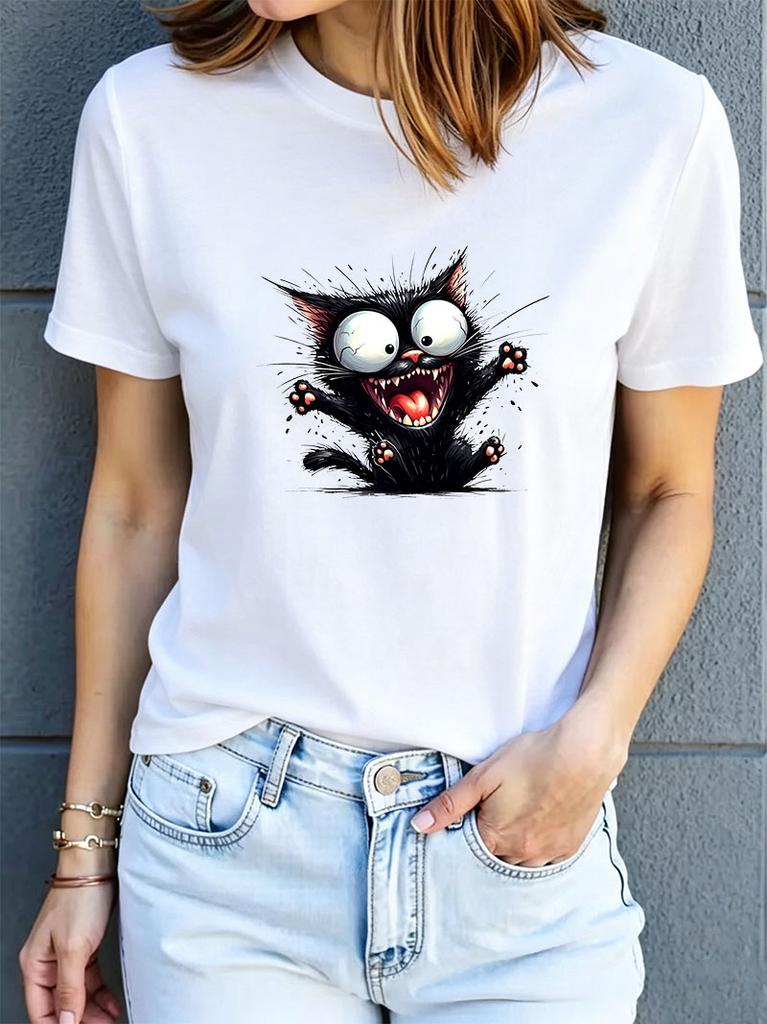 New Harajuku Cute And Funny Cat Cartoon Printed Unisexs Tshirt Round Neck Short Sleeve Casual Top Unisexs Tshirt