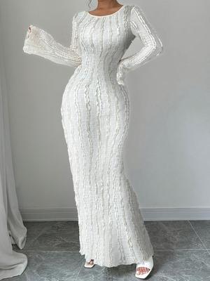 2025 Fashion Lace Patchwork Round Neck Bodycon Dress - Summer/Autumn Long Sleeve Design for Women