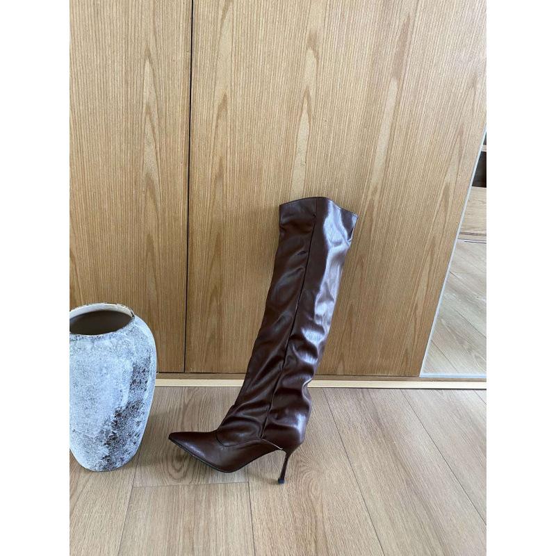 

Европейский и американский стиль, ботфорты-трубы с острым носком на высоком каблуке, со сборками, интернет-знаменитость 39 темно-коричневого