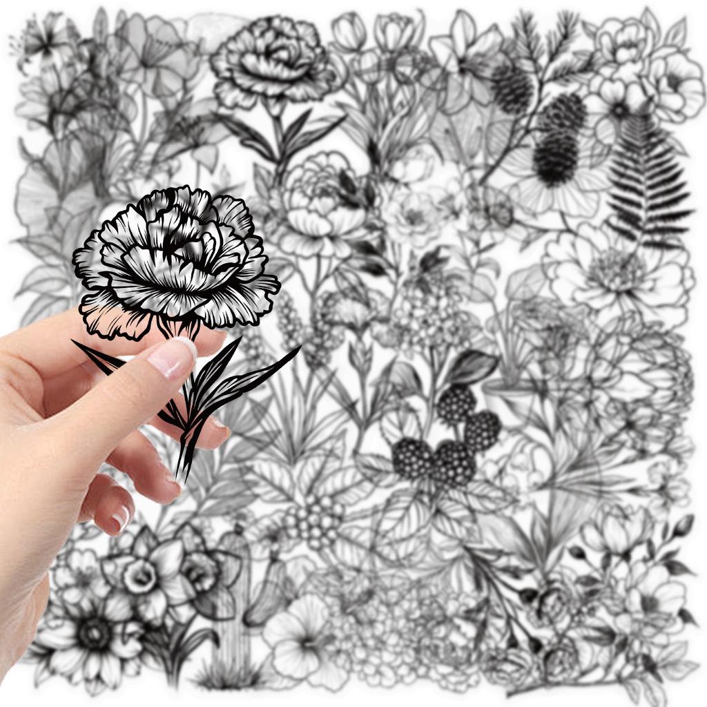 50 Black and White Plant Stickers Package Waterproof Transparent PET Hand Account Flower Material Decorative Guitar Notebook