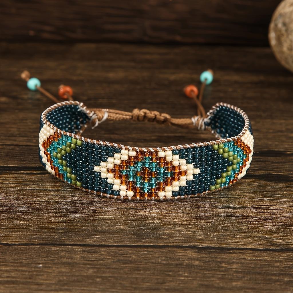 Vintage Bohemian Style Geometric Pattern Glass Seed Bead Handmade Woven Beaded Bracelet, Fashion Beaded Bracelet for Women