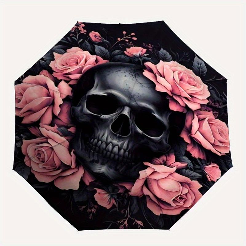 1pc Skull In Bloom Pattern Automatic, 8 Iron Frames, High-Value Folding Umbrella, Travel and Outdoor Adventure.C060